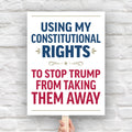 Protest sign with bold uppercase text in patriotic red and blue that reads "Using my constitutional rights to stop Trump from taking them away."