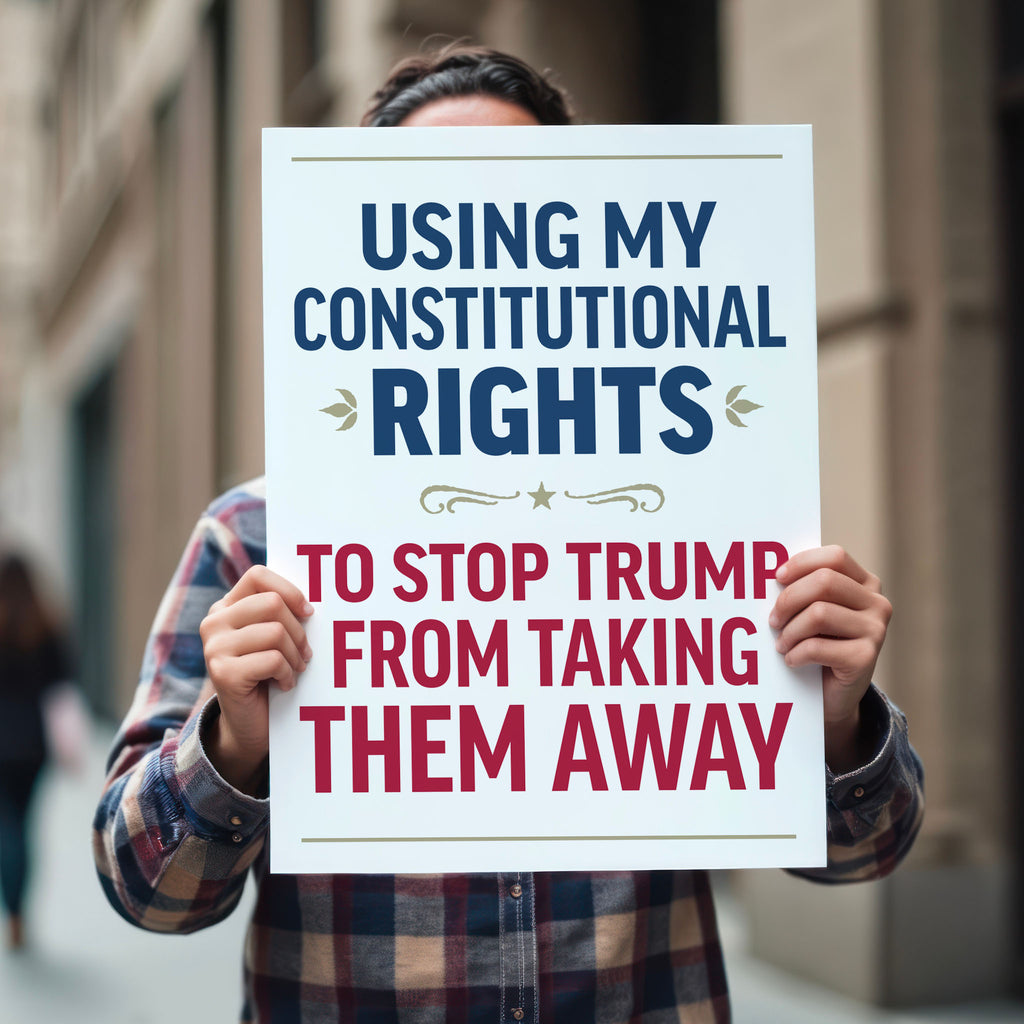Person holding protest sign with bold uppercase text in patriotic red and blue that reads "Using my constitutional rights to stop Trump from taking them away."