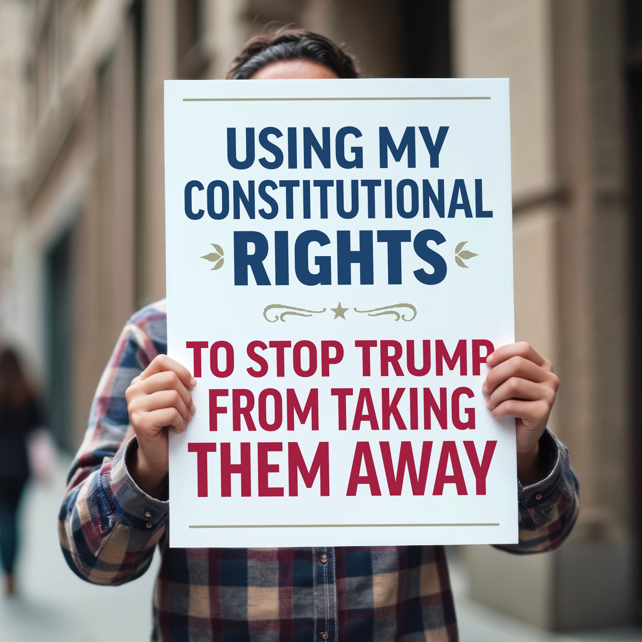 Person holding protest sign with bold uppercase text in patriotic red and blue that reads "Using my constitutional rights to stop Trump from taking them away."