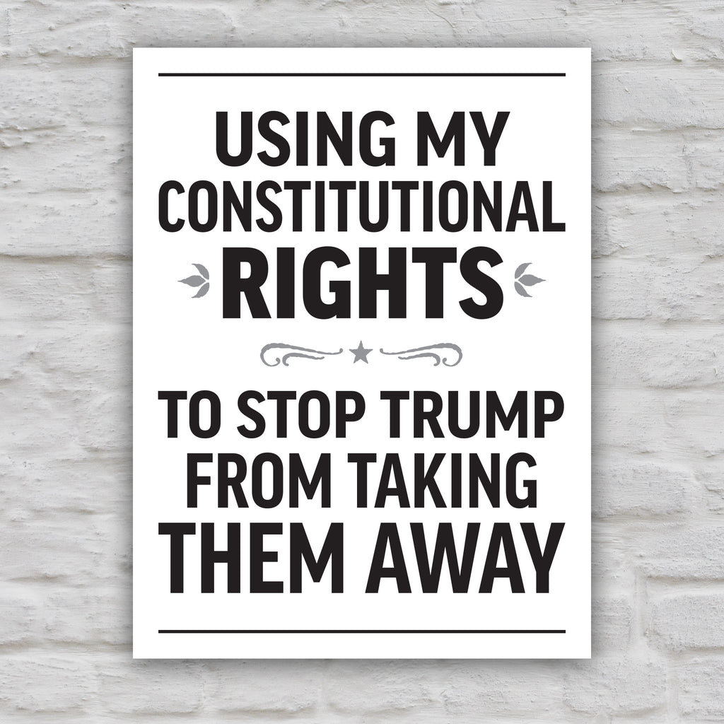 Black and white version of protest sign with bold uppercase text in patriotic red and blue that reads "Using my constitutional rights to stop Trump from taking them away."