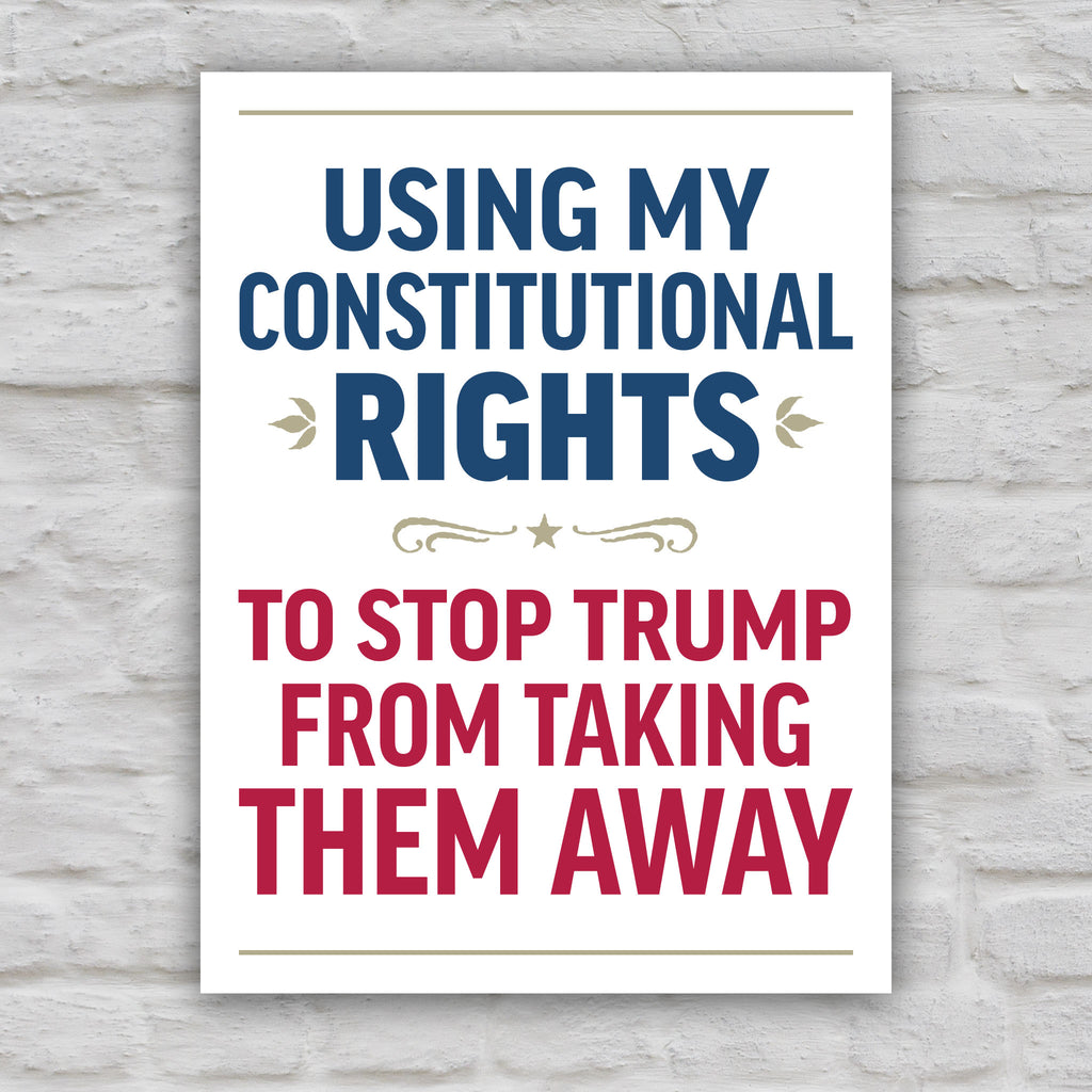 Color version of protest sign with bold uppercase text in patriotic red and blue that reads "Using my constitutional rights to stop Trump from taking them away."