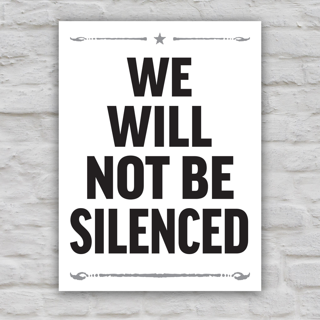 Black and white version of protest sign with bold red and blue text reading “We Will Not Be Silenced,” perfect for anti-Trump rallies defending free speech and constitutional rights.
