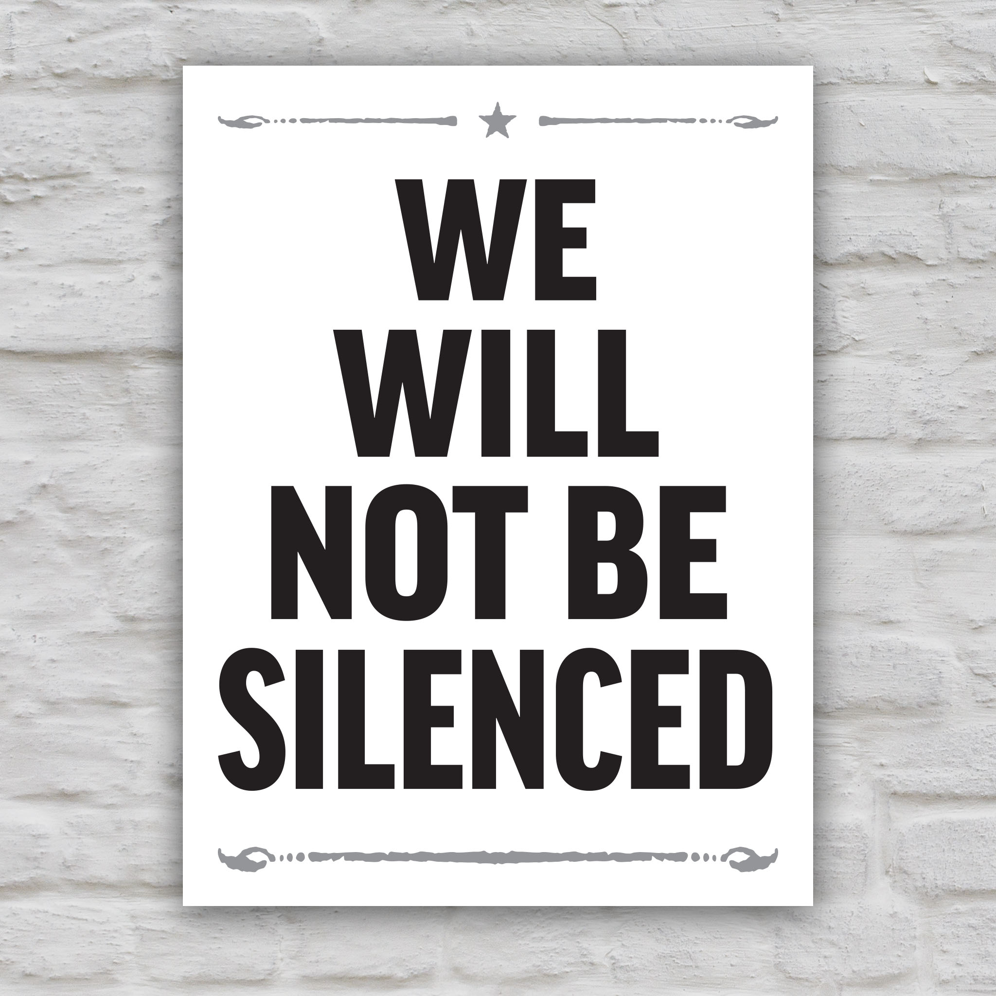 Black and white version of protest sign with bold red and blue text reading “We Will Not Be Silenced,” perfect for anti-Trump rallies defending free speech and constitutional rights.