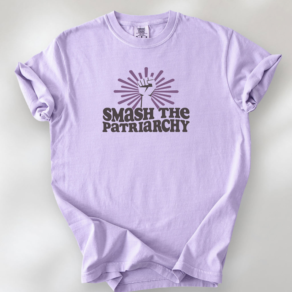 Orchid t-shirt with a raised fist graphic and purple burst above the text “Smash the Patriarchy.”
