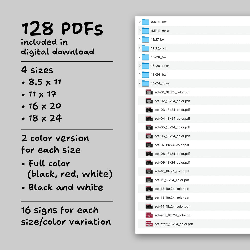 File directory of 128 PDF printable files included in digital download. 16 signs for each size/color set.