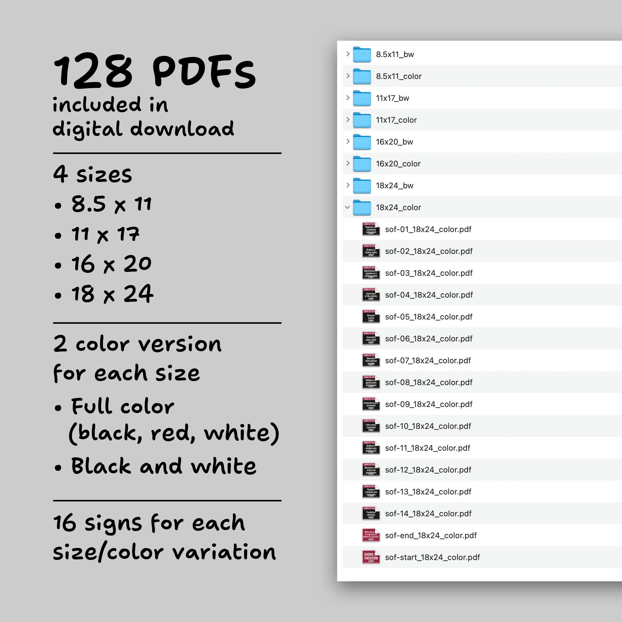 File directory of 128 PDF printable files included in digital download. 16 signs for each size/color set.