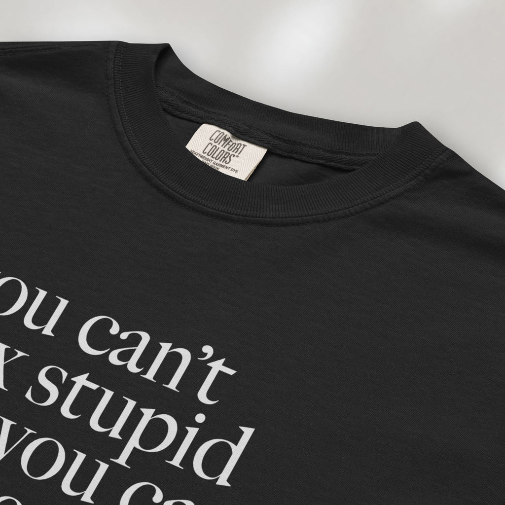 Closeup detail of black political t-shirt with serif text reading “You can’t fix stupid but you can impeach it.".