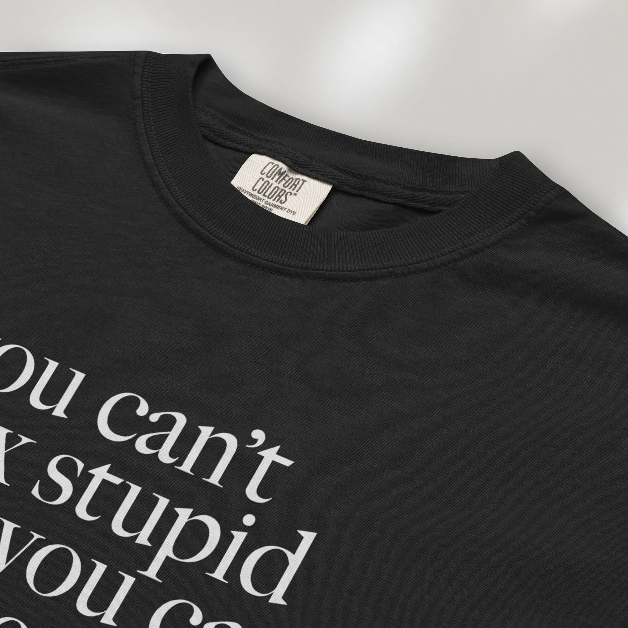 Closeup detail of black political t-shirt with serif text reading “You can’t fix stupid but you can impeach it.".