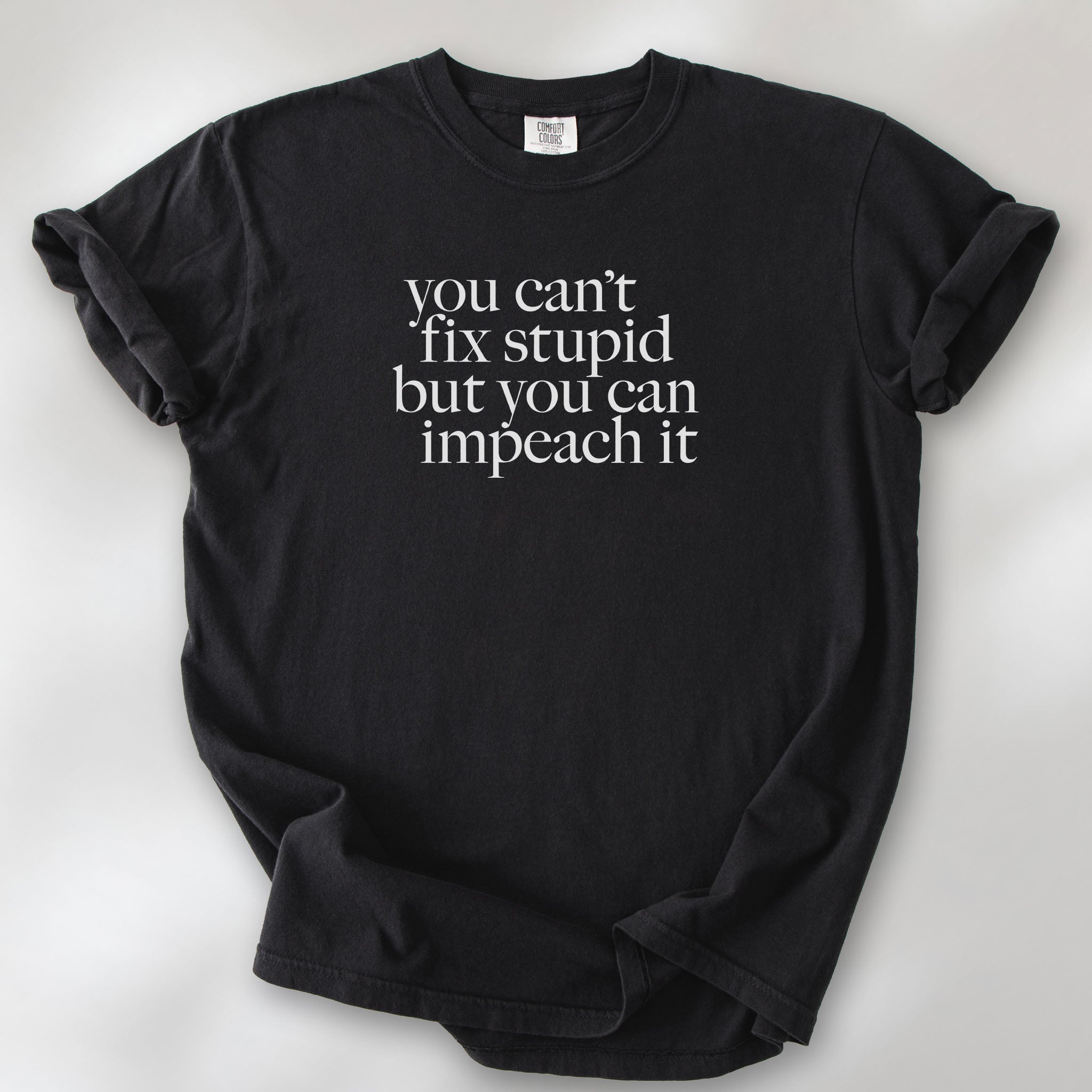 Black political t-shirt with serif text reading “You can’t fix stupid but you can impeach it.".