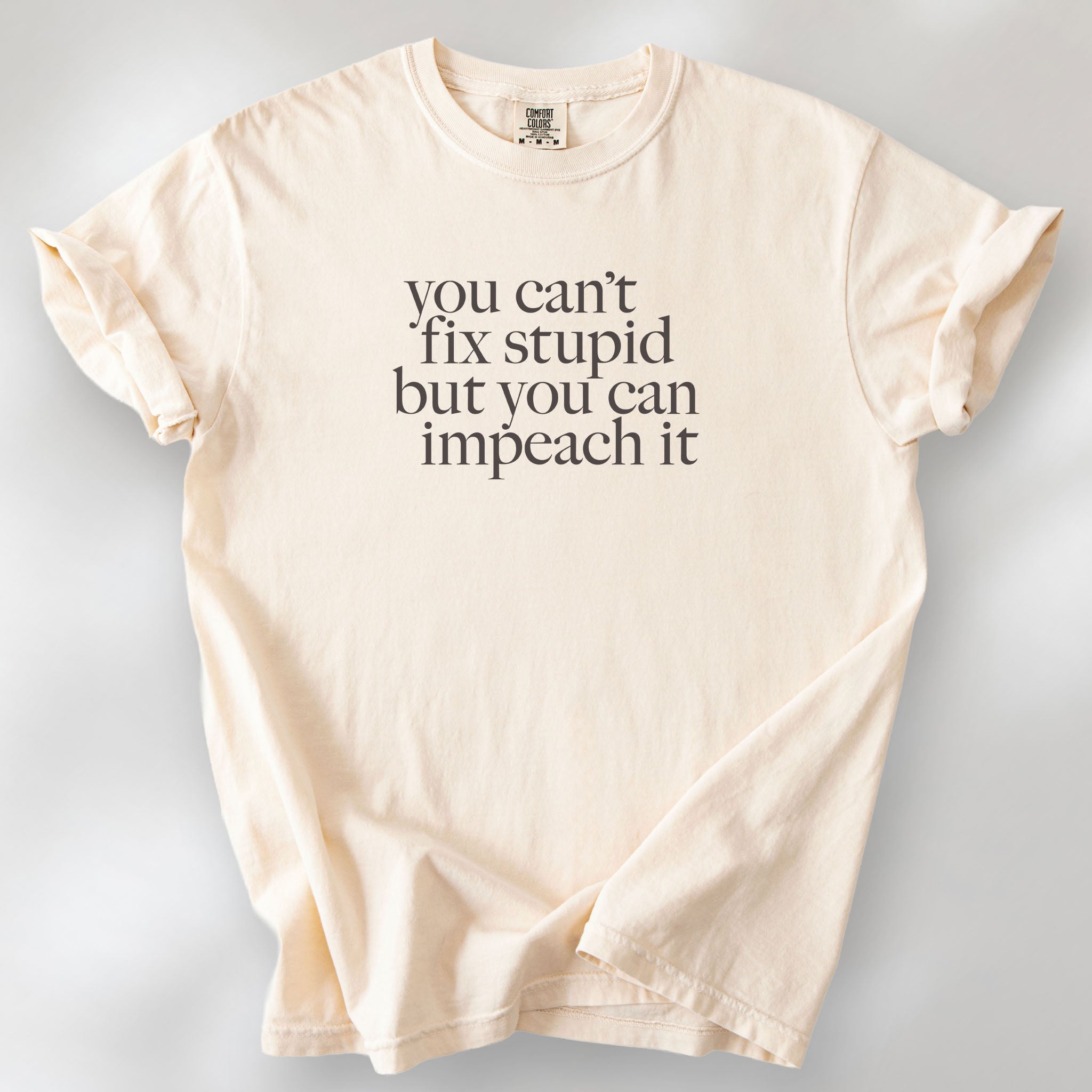 Ivory political t-shirt with serif text reading “You can’t fix stupid but you can impeach it.".