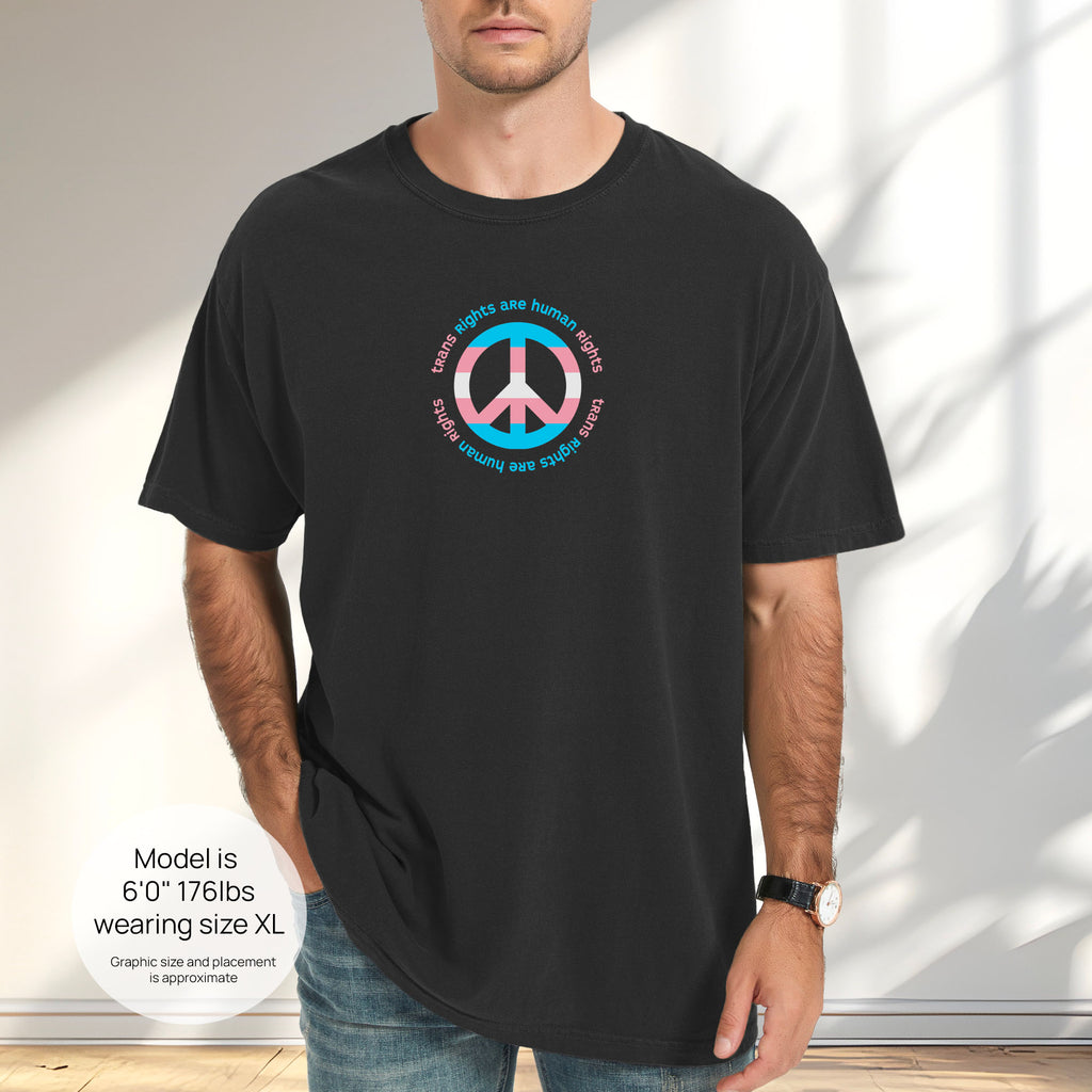 Male model wearing black t-shirt with a peace sign in transgender flag colors and the text “Trans Rights Are Human Rights” in a circular design. Includes size and fit information for the model who is 6 feet 0 inches, 176 pounds, and wearing a size XL shirt.
