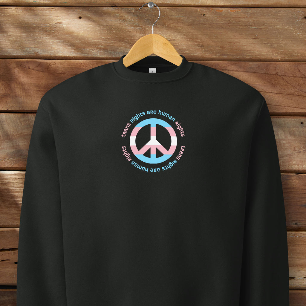 Black sweatshirt with a peace sign in transgender flag colors and the text “Trans Rights Are Human Rights” in a circular design around the peace sign. Hanging on a hanger.