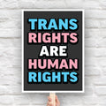 Protest sign that reads “Trans Rights Are Human Rights” in blue, pink, and white lettering, symbolizing support for transgender equality and resistance to discrimination under the Trump administration.