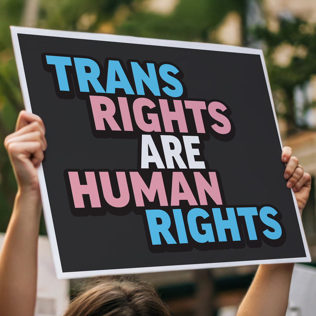 Person holding protest sign that reads “Trans Rights Are Human Rights” in blue, pink, and white lettering, symbolizing support for transgender equality and resistance to discrimination under the Trump administration.