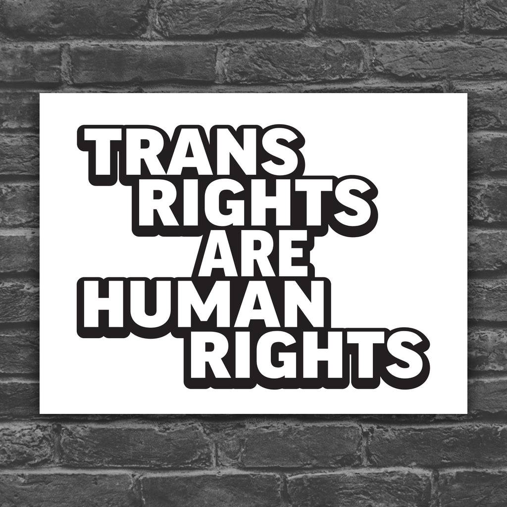 Black and white version of protest sign that reads “Trans Rights Are Human Rights” in bold lettering, symbolizing support for transgender equality and resistance to discrimination under the Trump administration.