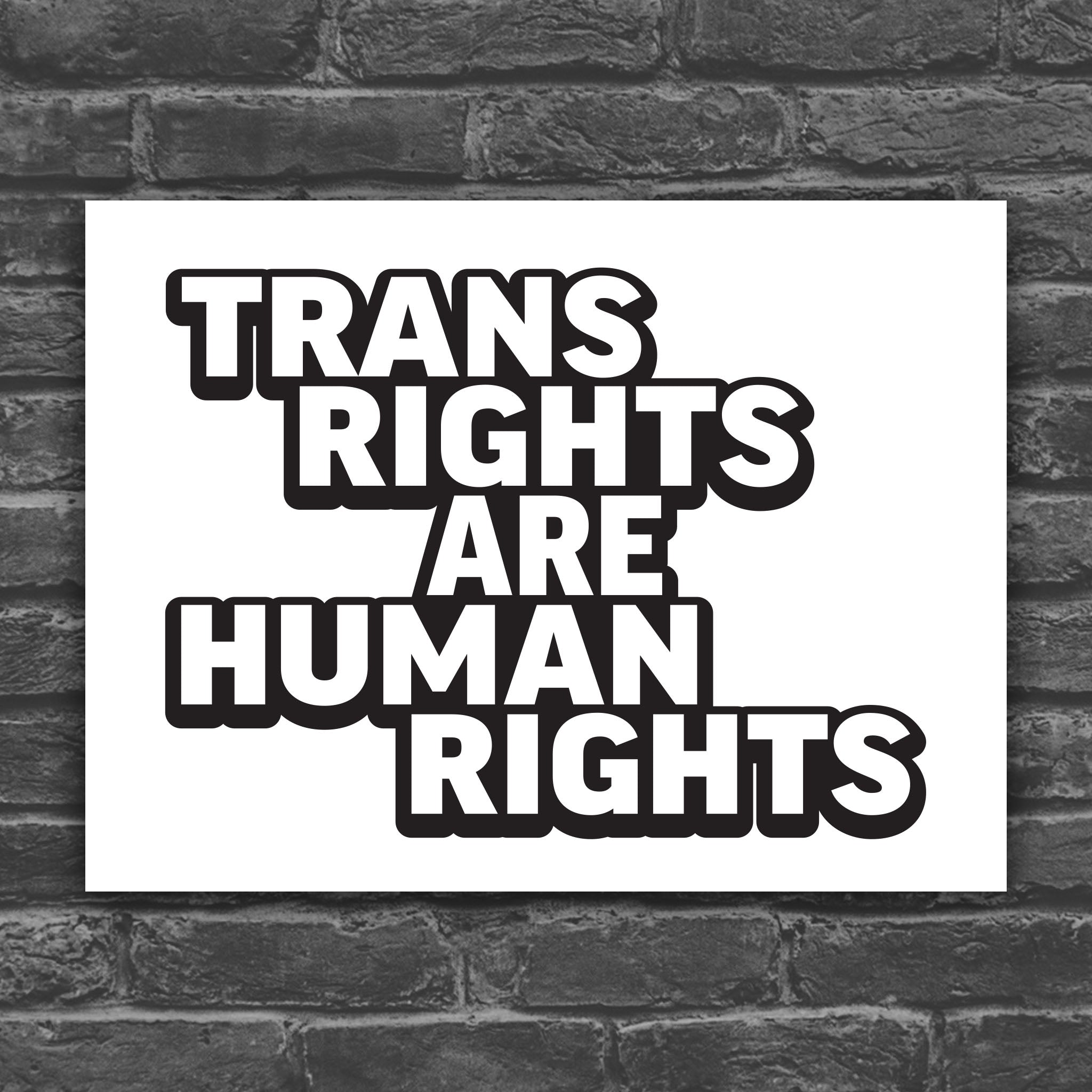 Black and white version of protest sign that reads “Trans Rights Are Human Rights” in bold lettering, symbolizing support for transgender equality and resistance to discrimination under the Trump administration.