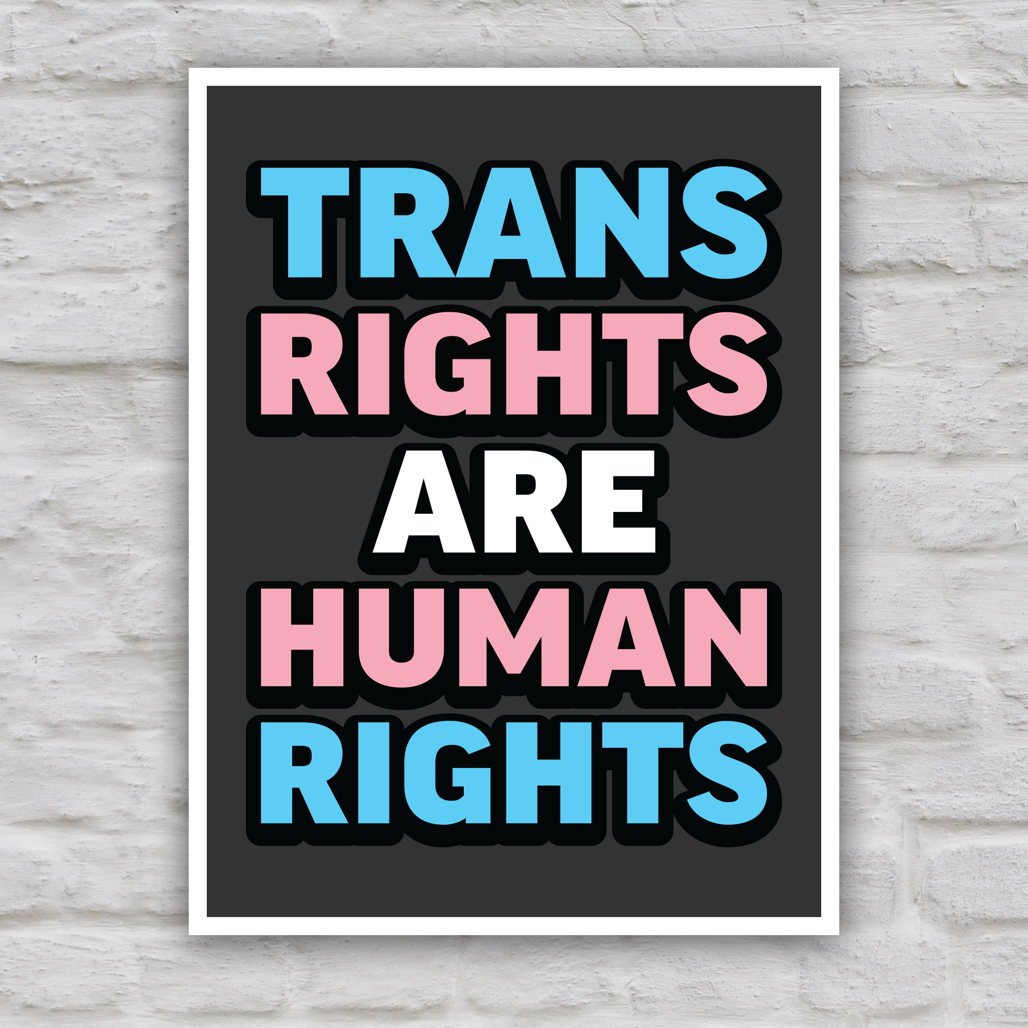 Color version of protest sign that reads “Trans Rights Are Human Rights” in blue, pink, and white lettering, symbolizing support for transgender equality and resistance to discrimination under the Trump administration.