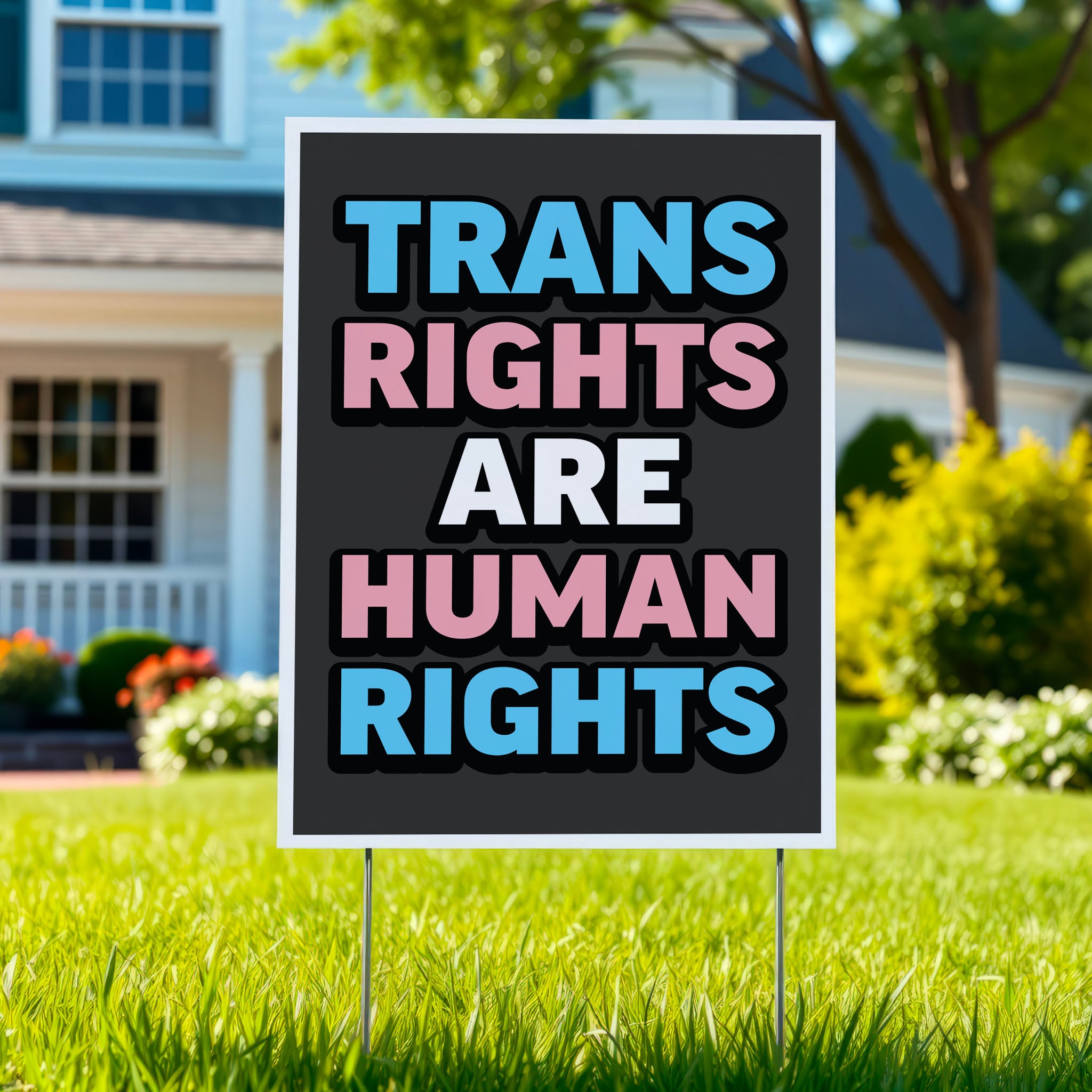 Yard sign that reads “Trans Rights Are Human Rights” in blue, pink, and white lettering, symbolizing support for transgender equality and resistance to discrimination under the Trump administration.