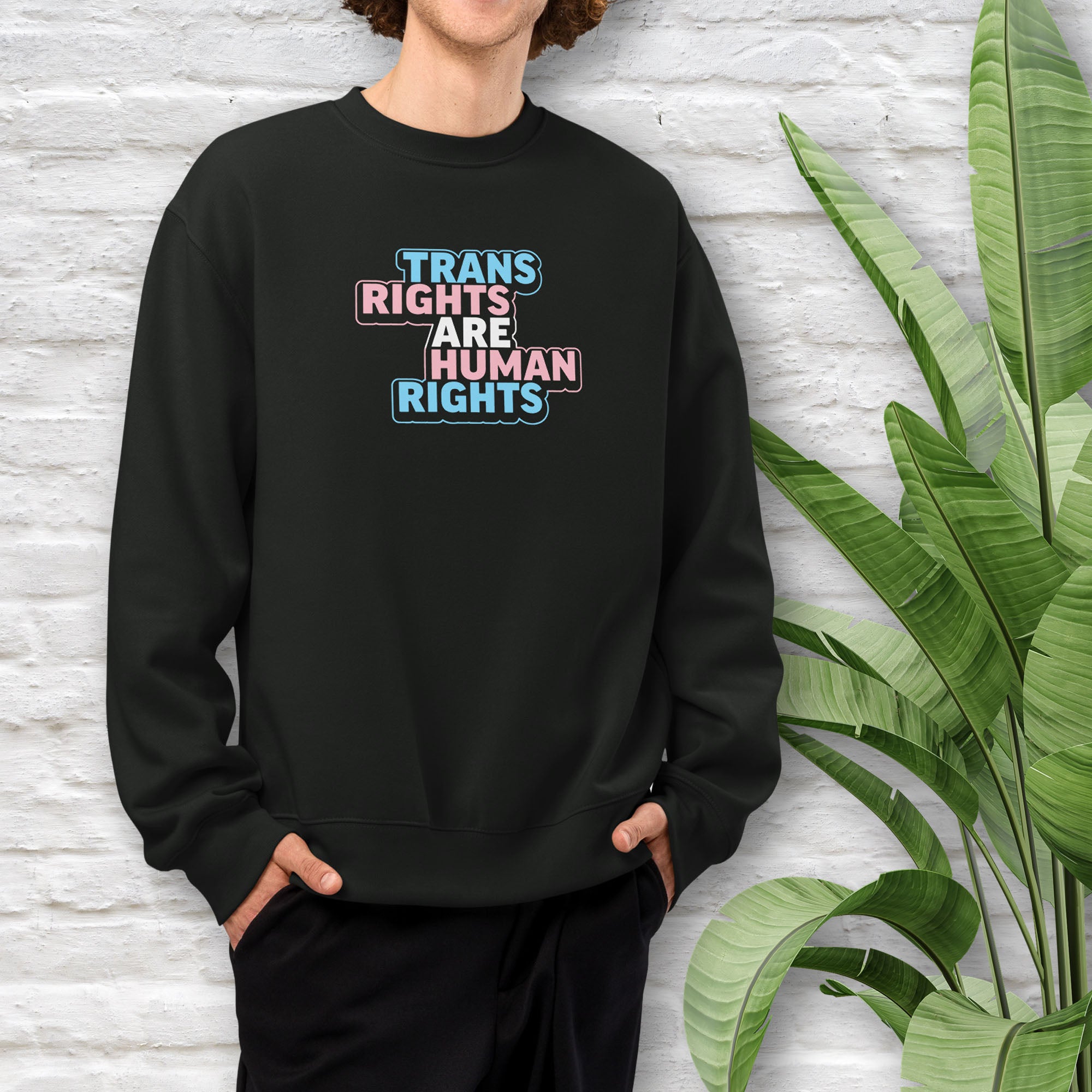 Male model wearing black crewneck sweatshirt with graphic that reads "trans rights are human rights" in the light blue, pink, and white colors of the trans flag, with a colorful outline around the text block.