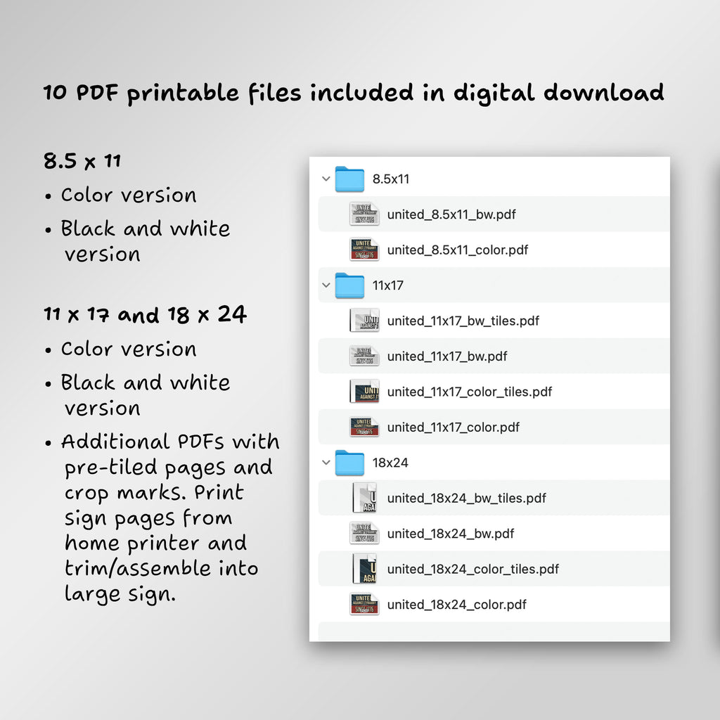 File directory of 10 PDF printable files included in digital download, including additional PDFs with pre-tiled pages to print from home and assemble into large sign.