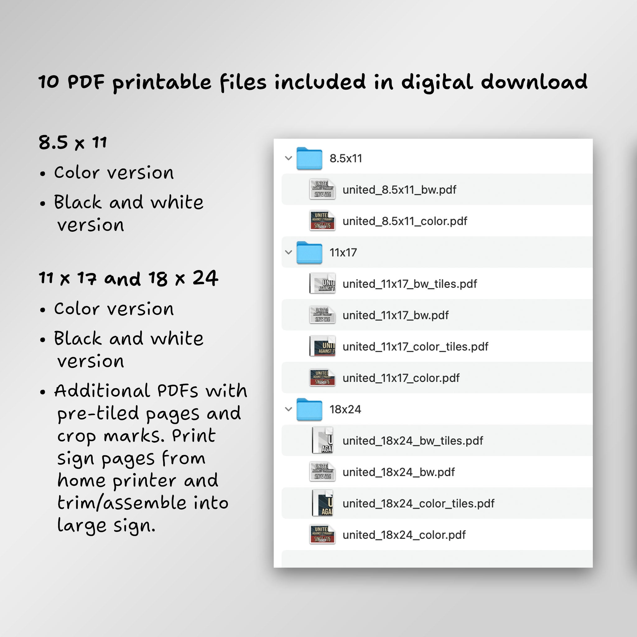 File directory of 10 PDF printable files included in digital download, including additional PDFs with pre-tiled pages to print from home and assemble into large sign.