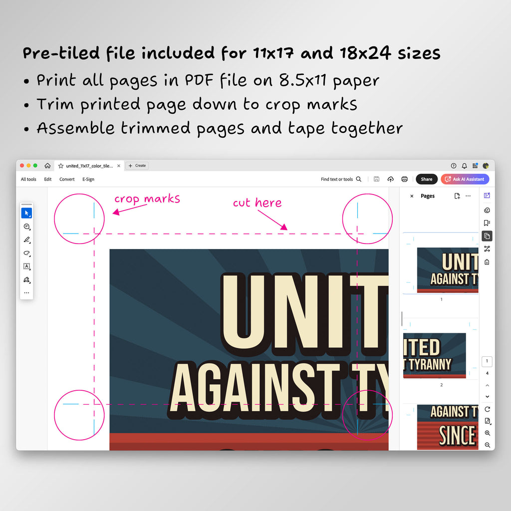 Screenshot of page from pre-tiled PDF file in Adobe Acrobat, showing crop marks and where to trim.