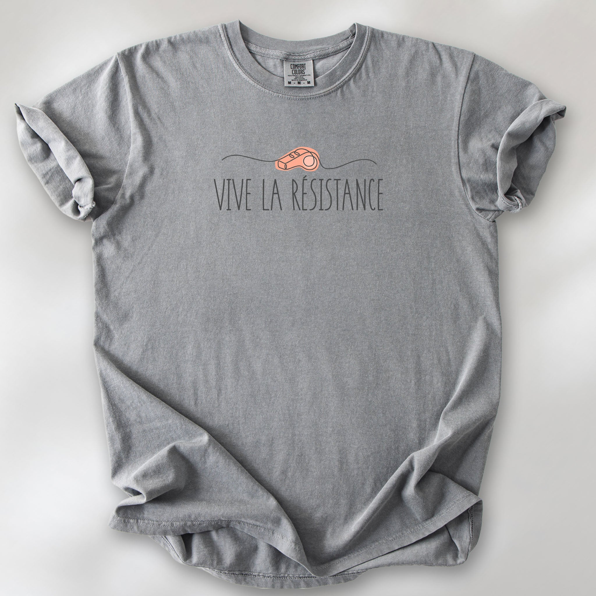 Grey unisex t-shirt reading “Viva La Resistance” with a whistle illustration.