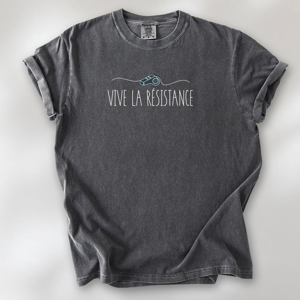 Pepper unisex t-shirt reading “Viva La Resistance” with a whistle illustration.