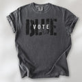 Pepper t-shirt with the word "vote" atop the word "blue" in a grunge background texture.