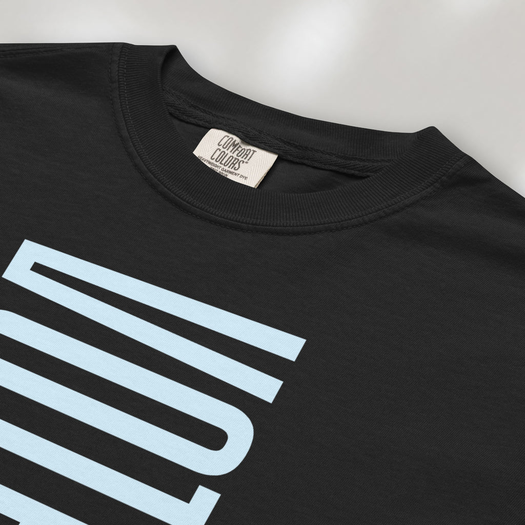 Closeup detail of black t-shirt featuring the words "VOTE BLUE" stacked vertically in bold minimalist blue typography.