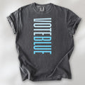 Pepper t-shirt featuring the words "VOTE BLUE" stacked vertically in bold minimalist blue typography.