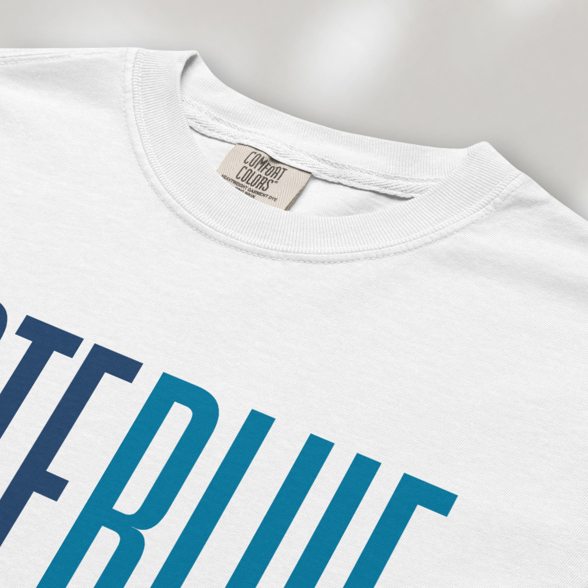 Closeup detail of white t-shirt featuring the words "VOTE BLUE" in bold horizontal blue geometric typography with a clean minimalist design.