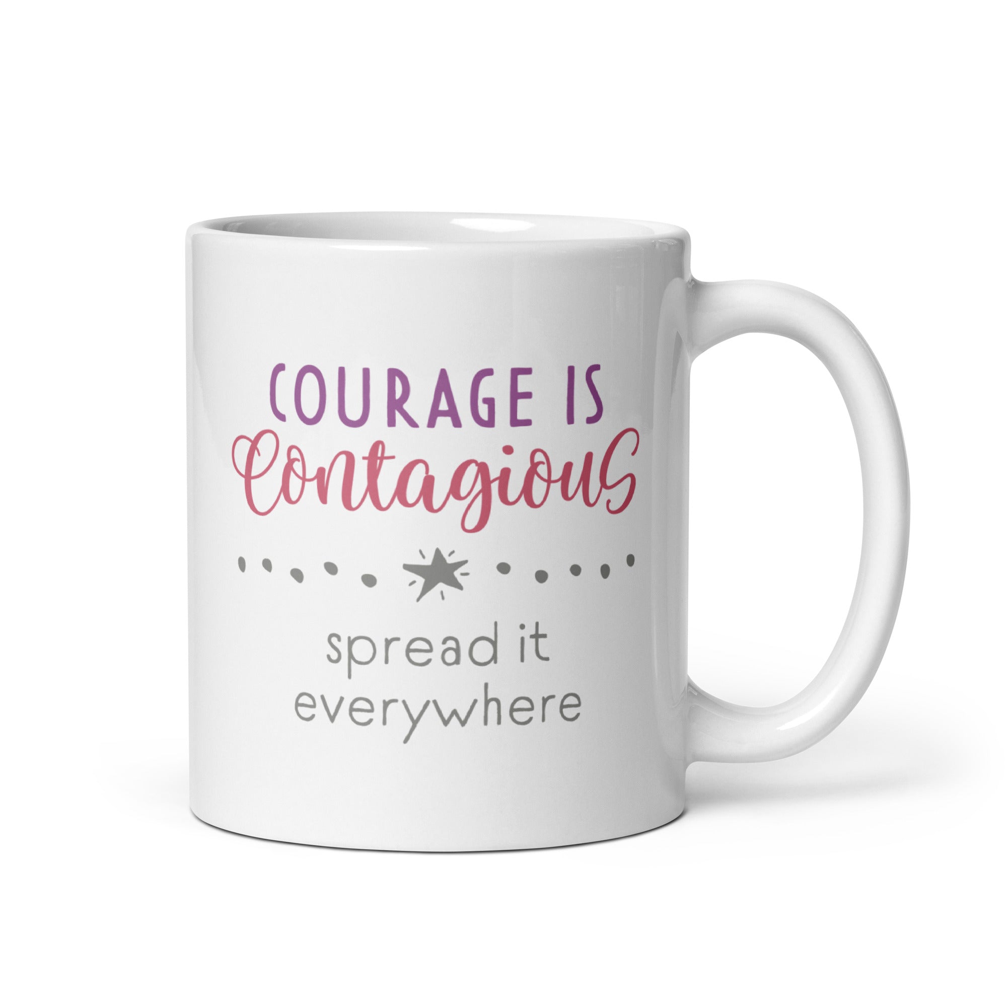 11 ounce mug with styled text graphic that reads "courage is contagious – spread it everywhere".