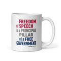 11 ounce white ceramic mug with bold patriotic red, blue, and grey text that reads "Freedom of speech is a principal pillar of a free government. – Ben Franklin."