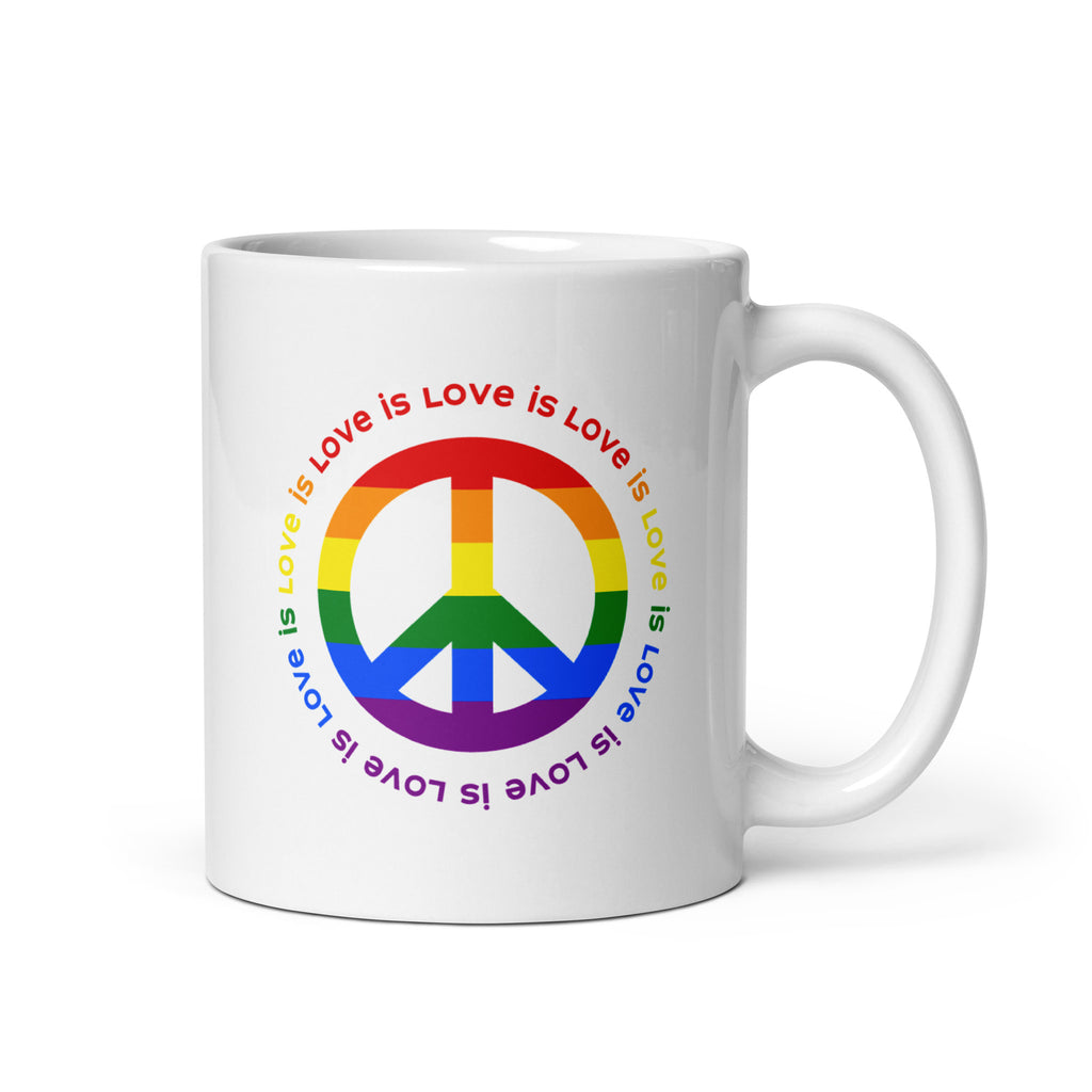 11 ounce LGBTQ Peace Love Is Love white glossy mug.