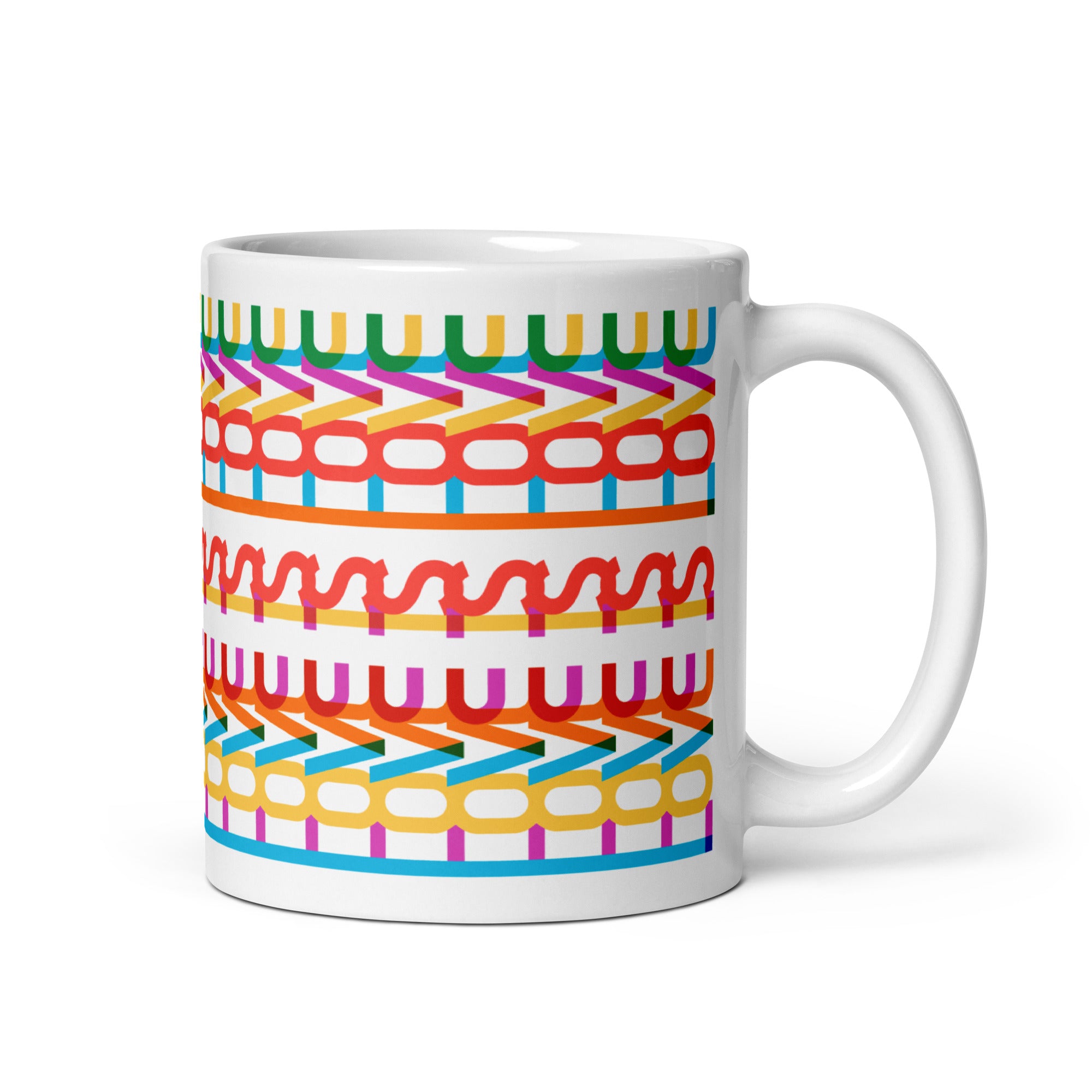 11 ounce coffee mug with a repeating hidden “love is love” message in the Gilbert font, featuring bright rainbow-inspired patterns wrapped around the mug.