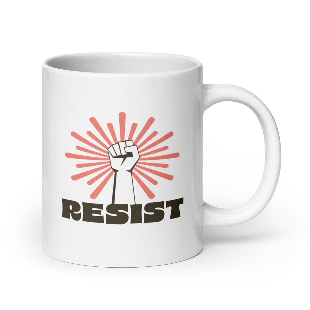 20 ounce coffee mug with a raised fist graphic in front of a coral burst, and bold retro-styled text that says "resist."