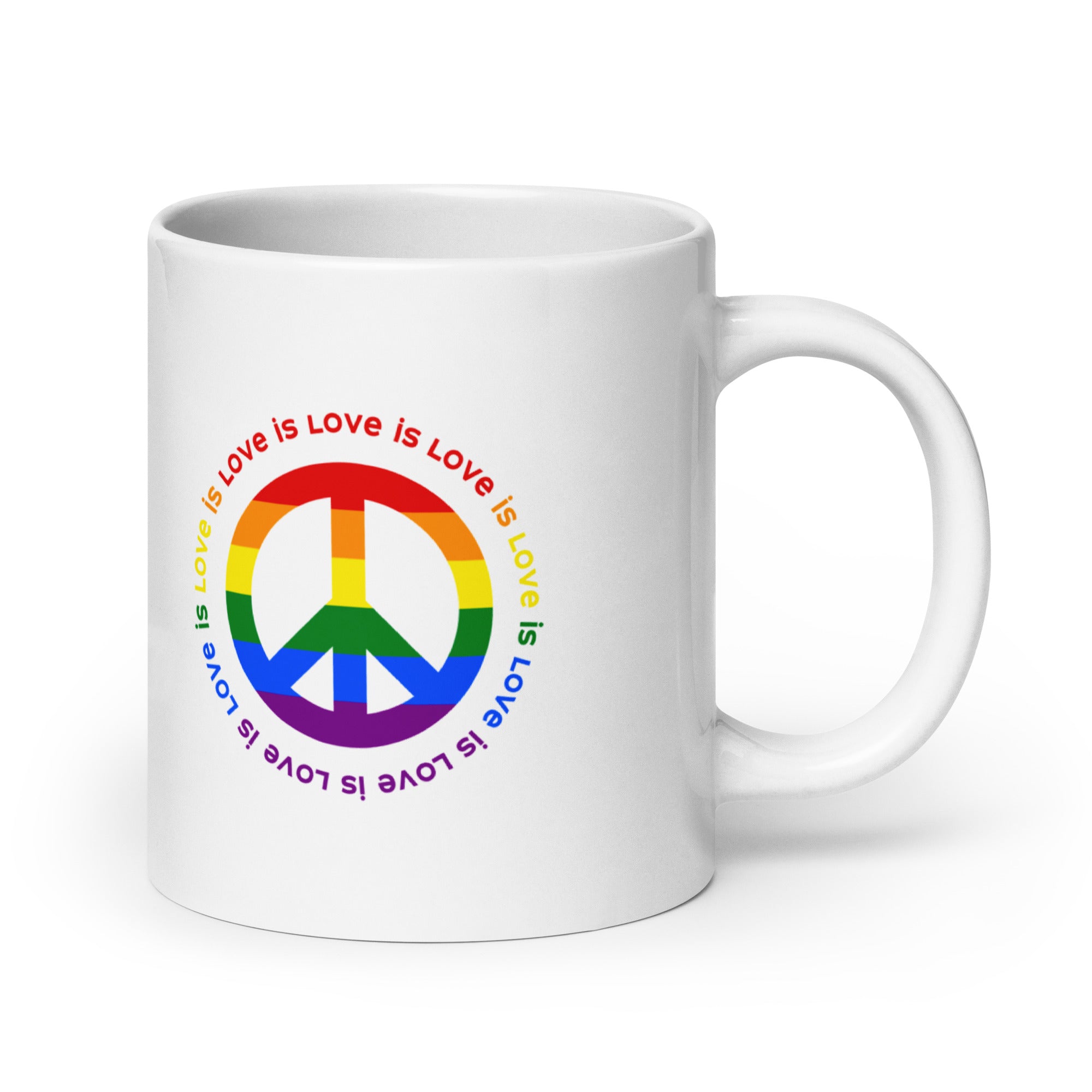 20 ounce LGBTQ Peace Love Is Love white glossy mug.