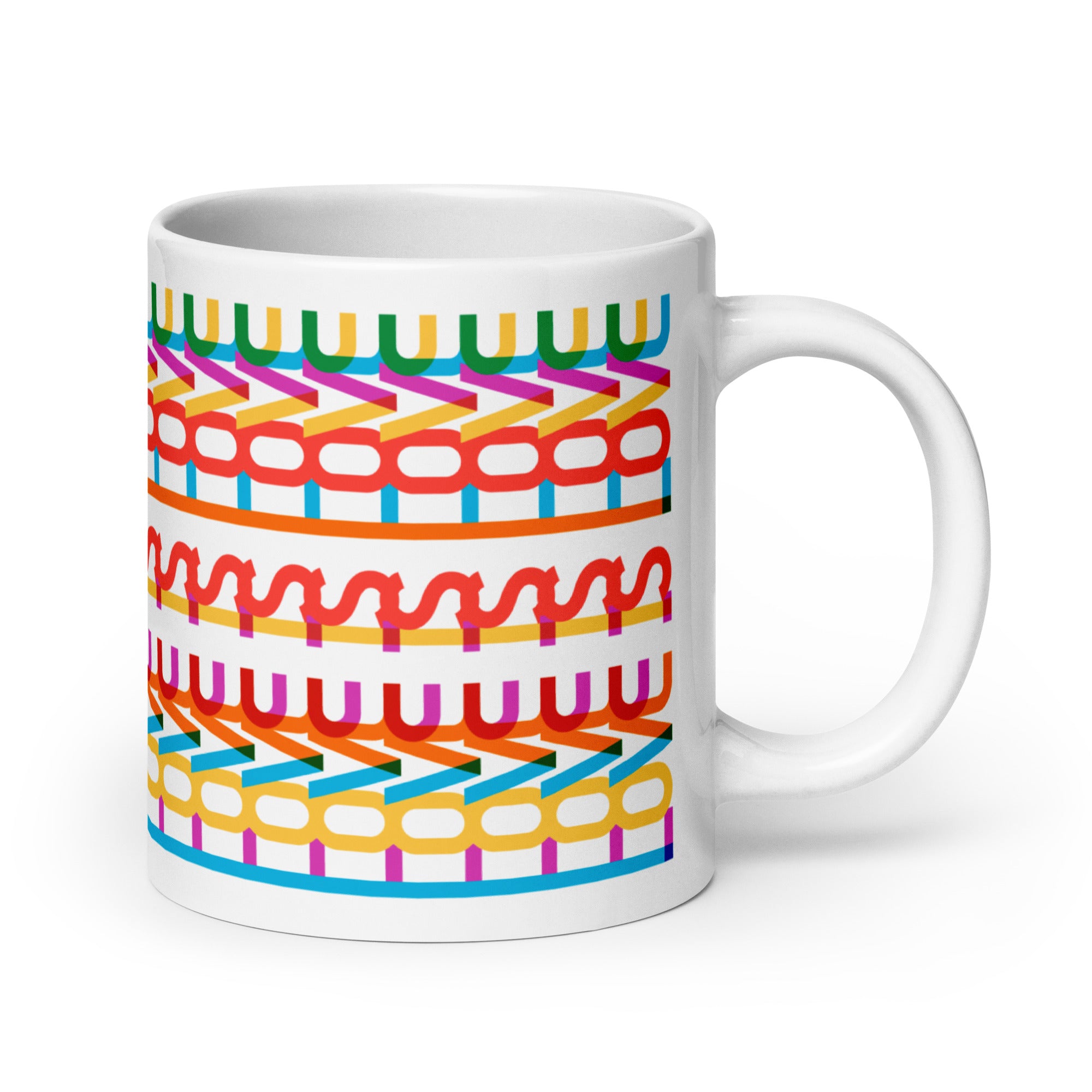 20 ounce coffee mug with a repeating hidden “love is love” message in the Gilbert font, featuring bright rainbow-inspired patterns wrapped around the mug.