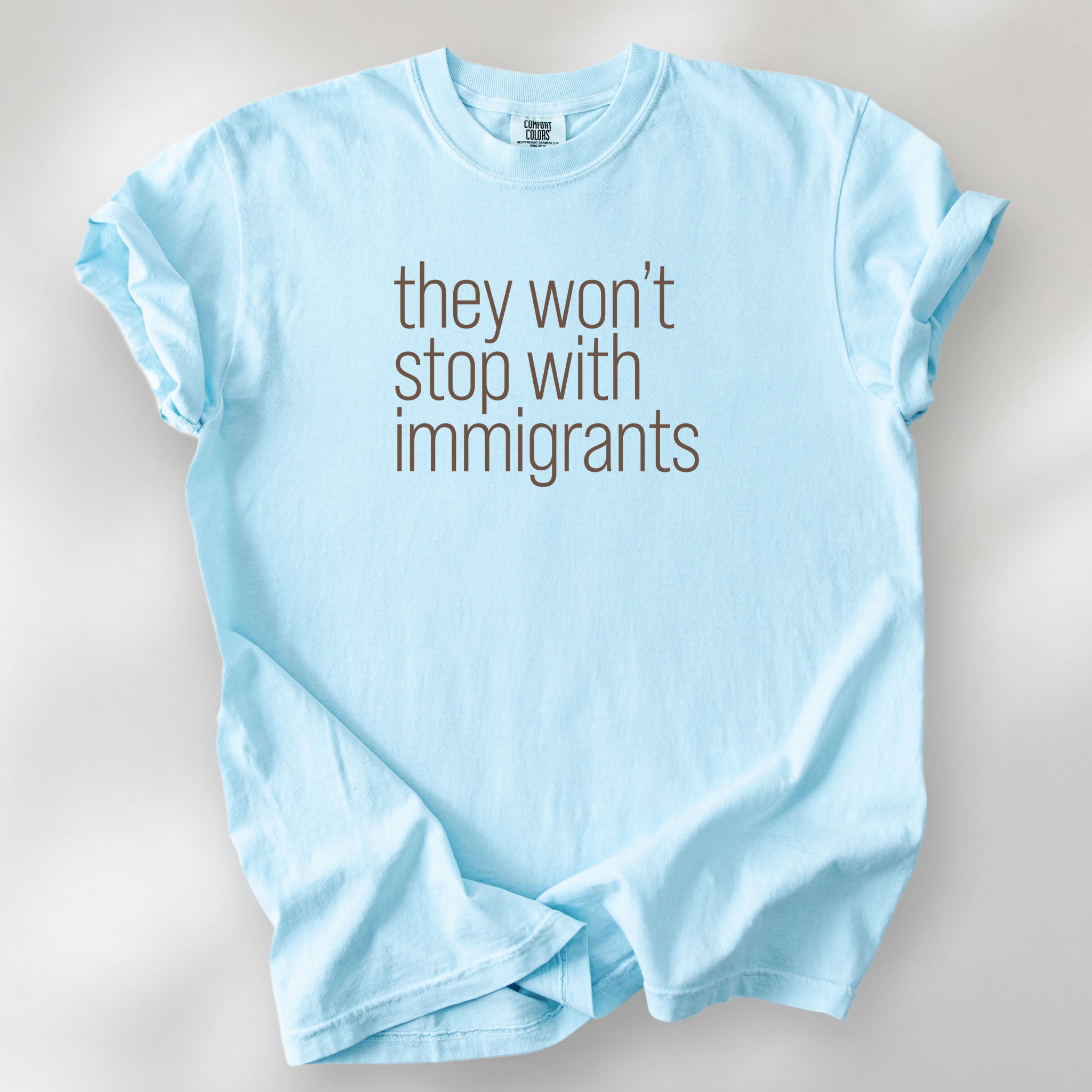 Chambray comfort colors tshirt with anti-ICE, anti-trump, anti-tyranny message that reads "they won't stop with immigrants."