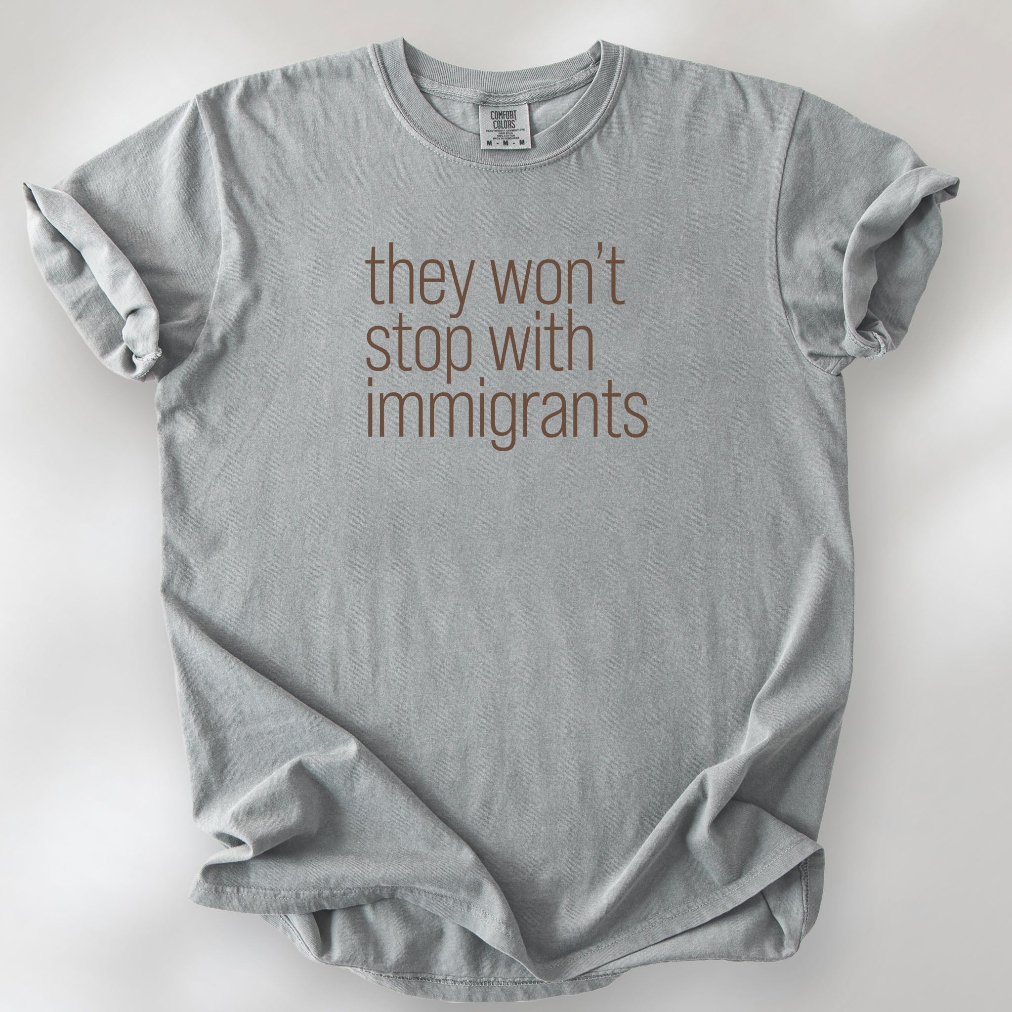 Granite comfort colors tshirt with anti-ICE, anti-trump, anti-tyranny message that reads "they won't stop with immigrants."
