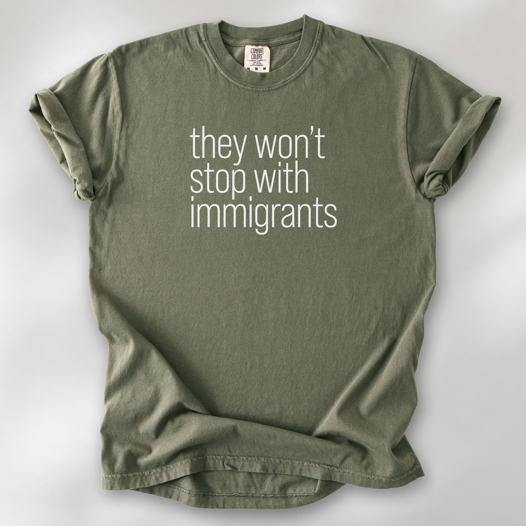 Sage comfort colors tshirt with anti-ICE, anti-trump, anti-tyranny message that reads "they won't stop with immigrants."